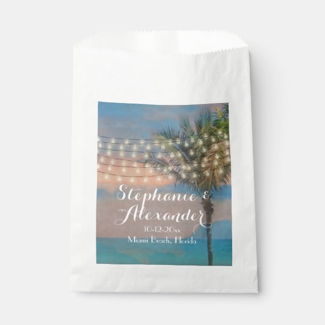 Vintage String Lights Sunset Beach Wedding Favour Bag (Front)