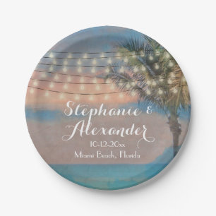 Vintage String Lights Sunset Beach Wedding Paper Plate