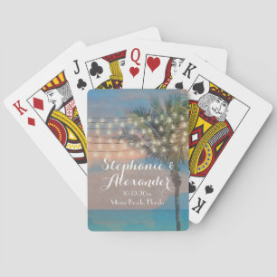 Vintage String Lights Sunset Beach Wedding Playing Cards