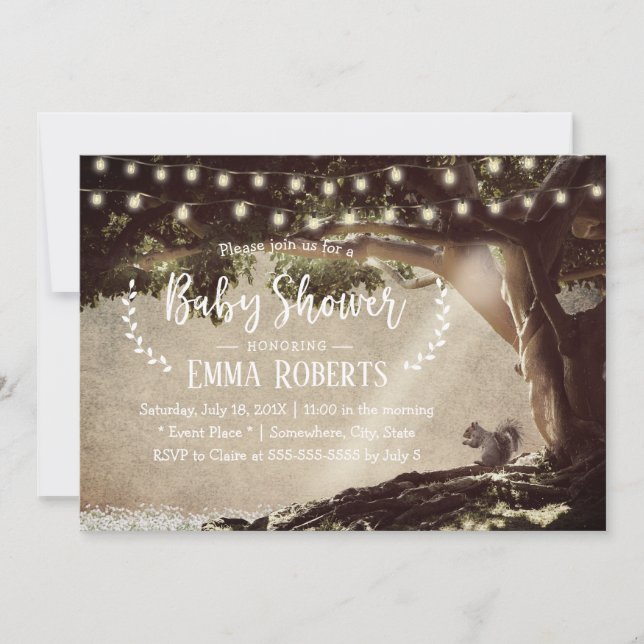 Vintage String Lights Tree & Squirrel Baby Shower Invitation (Front)