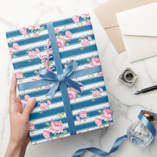 Vintage stripe and  floral roses classic Navy Wrapping Paper
