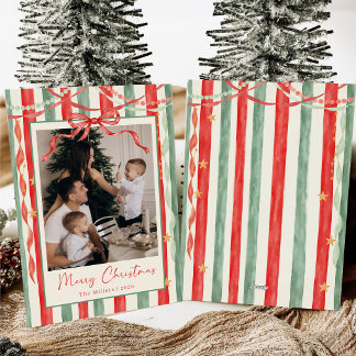 Vintage Stripe Bow Christmas Family Photo Holiday Card