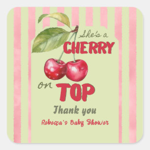 Vintage Stripe Cherry Garden Baby Shower Square Sticker