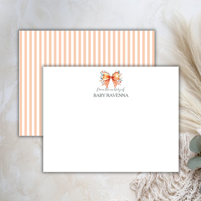 Vintage Striped Apricot Bow Nursery Note Card (Creator Uploaded)