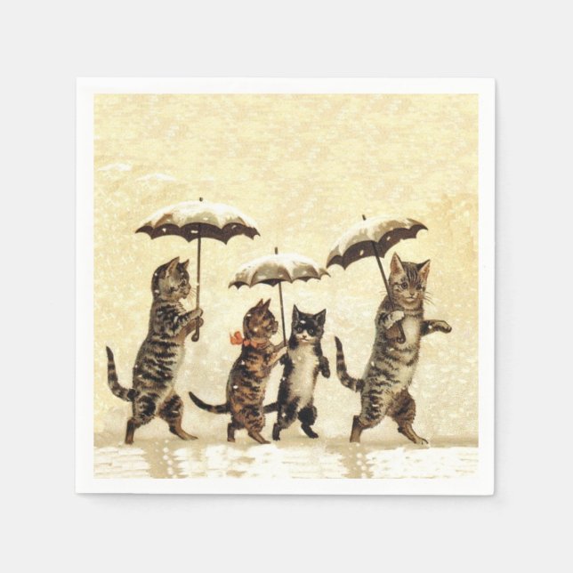 Vintage Striped Cats Umbrellas Dancing Snow Napkin (Front)