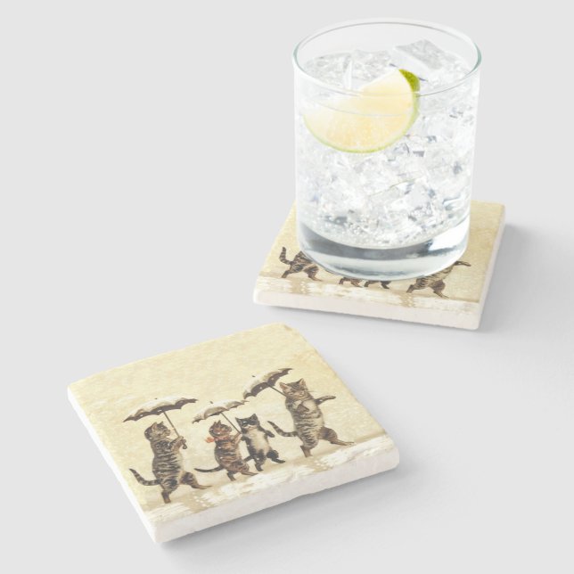 Vintage Striped Cats Umbrellas Dancing Snow Stone Coaster (Side)