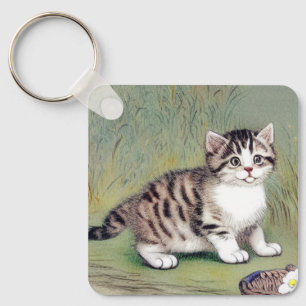 Vintage Striped Kitten Illustration Keychain