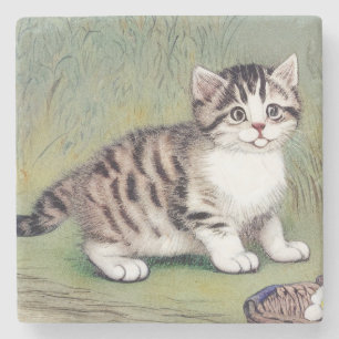 Vintage Striped Kitten Illustration Stone Coaster