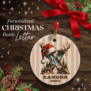 Vintage Striped Letter X Custom Rustic Holiday Ceramic Ornament