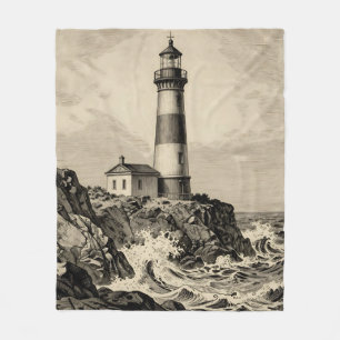 Vintage Striped Lighthouse Stormy Coast  Fleece Blanket