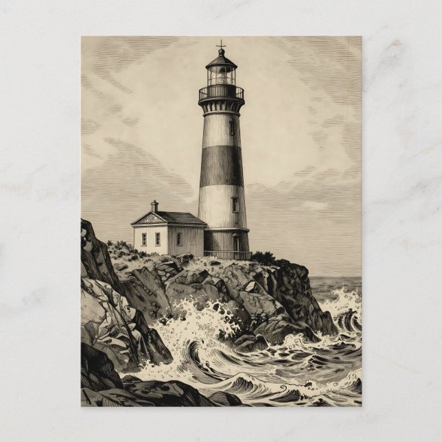 Vintage Striped Lighthouse Stormy Coast  Postcard (Front)