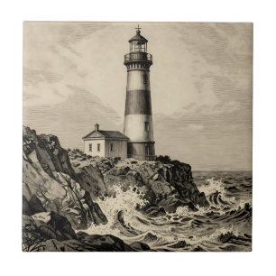 Vintage Striped Lighthouse Stormy Coast  Tile