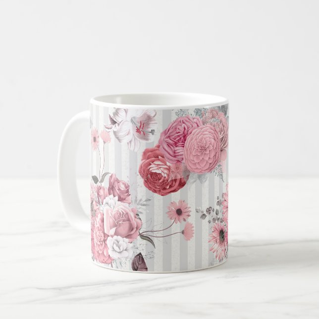 Vintage Striped Pink Floral Pattern Coffee Mug (Front Left)