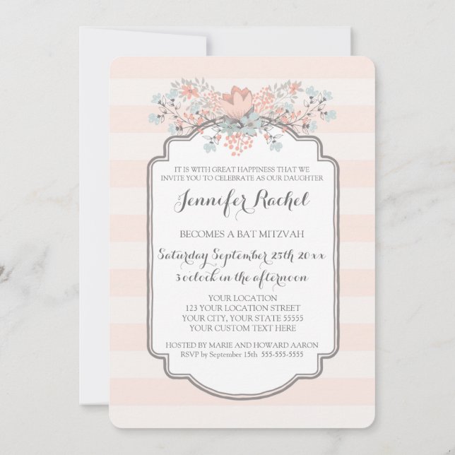 Vintage Stripes Floral Bat Mitzvah Invitations (Back)