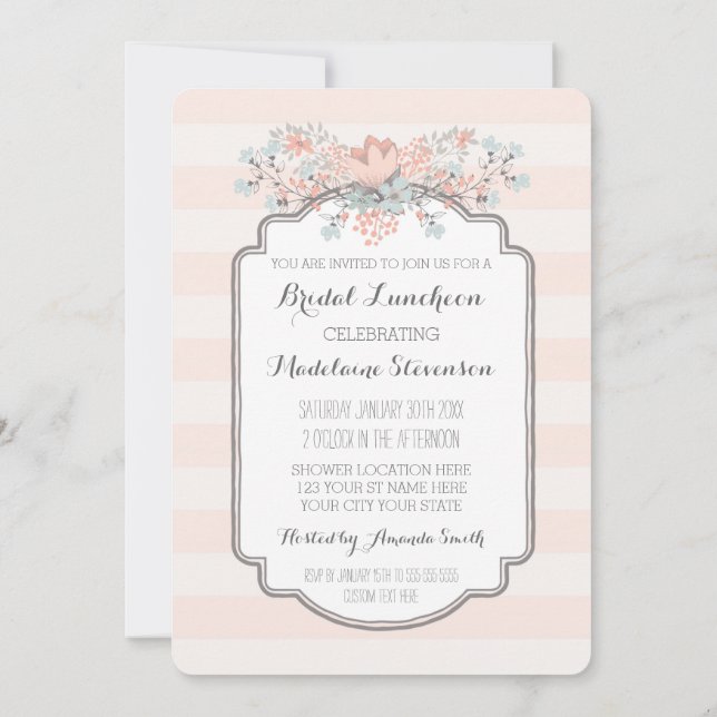 Vintage Stripes Floral Bridal Lunch Invitations (Back)