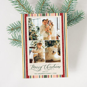 Vintage Stripes Modern Merry Christmas 3 Photo Holiday Card