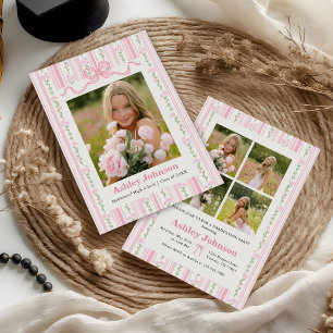 Vintage Stripes Pink Bow Graduation Photo Invitation