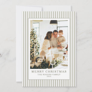 Vintage Stripes Sage Green Photo Christmas Holiday Card
