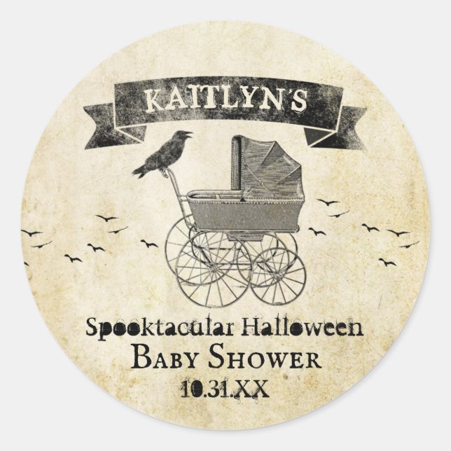 Vintage Stroller Halloween Baby Shower Classic Round Sticker (Front)