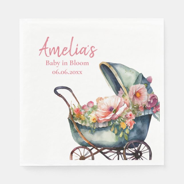 Vintage Stroller Personalized Baby Shower Napkin (Front)