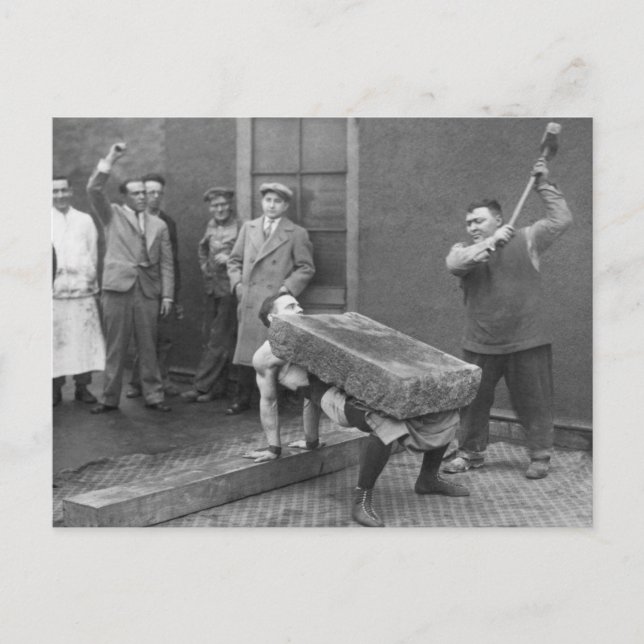 Vintage Strongman Rock Trick Postcard (Front)