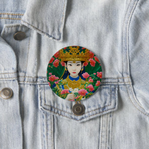 Vintage Style Abstract Asian Girl with Flowers 3 Inch Round Button