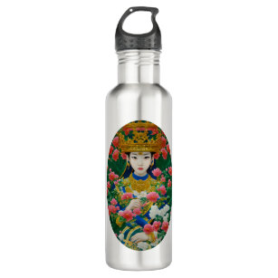 Vintage Style Abstract Asian Girl with Flowers 710 Ml Water Bottle