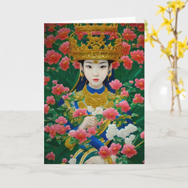 Vintage Style Abstract Asian Girl with Flowers Card (Yellow Flower)