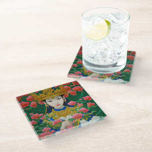 Vintage Style Abstract Asian Girl with Flowers Glass Coaster