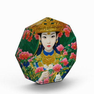 Vintage Style Abstract Asian Girl with Flowers Photo Block