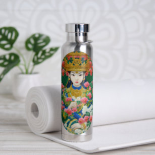 Vintage Style Abstract Asian Girl with Flowers Water Bottle
