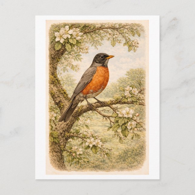 Vintage-Style American Robin lllustration Postcard (Front)