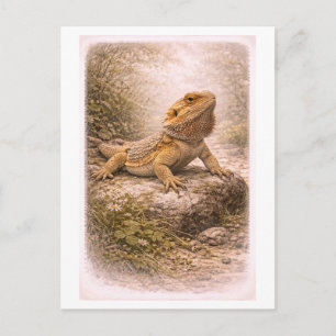 Vintage-Style Bearded Dragon Illustration Postcard