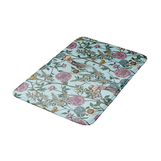 Vintage-style blue color botanical pattern  bath mat (Angled)