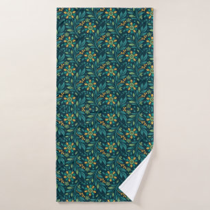 Vintage-style blue color botanical pattern bath t towel set