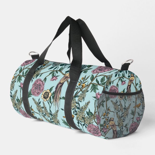 Vintage-style blue color botanical pattern  duffle bag (Right Corner)