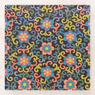 Vintage-style blue color botanical pattern glass coaster