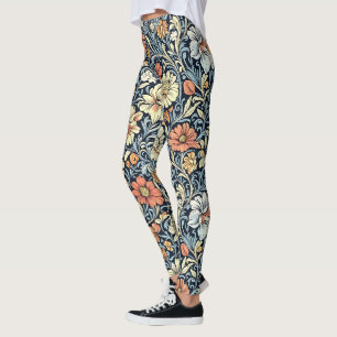 Vintage-style blue color botanical pattern leggin leggings