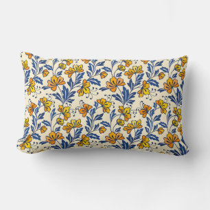 Vintage-style blue color botanical pattern  lumbar pillow