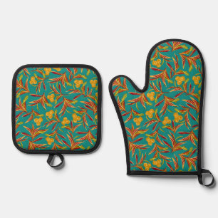 Vintage-style blue color botanical pattern oven m mitt & pot holder set