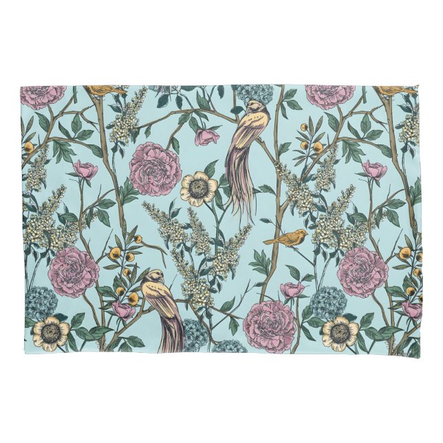 Vintage-style blue color botanical pattern  pillowcase (Front-Left)