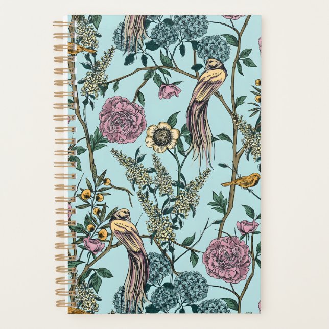 Vintage-style blue color botanical pattern  planner (Front)