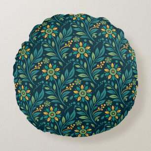 Vintage-style blue color botanical pattern round pillow