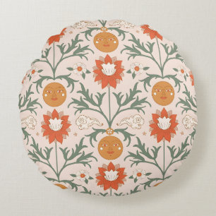 Vintage-style blue color botanical pattern round pillow