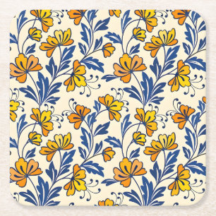 Vintage-style blue color botanical pattern  square paper coaster