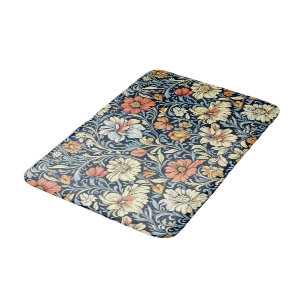 Vintage-style blue colour botanical pattern  bath  mat
