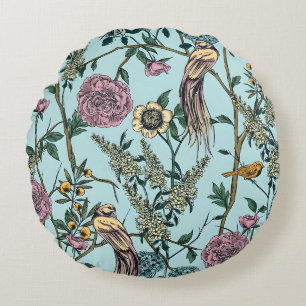 Vintage-style blue colour botanical pattern  round pillow