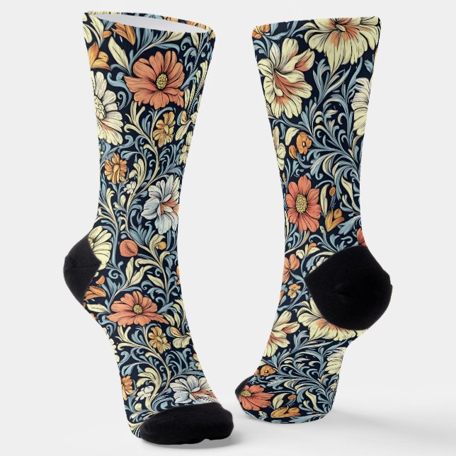 Vintage-style blue colour botanical pattern  socks (Angled)