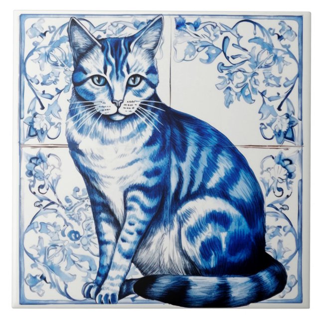 Vintage Style Blue Delft Cat Ceramic Tile. Tile (Front)