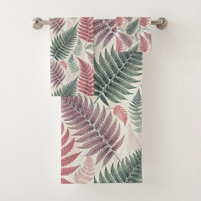 Vintage-style botanical fern leaves bath towel set (Insitu)